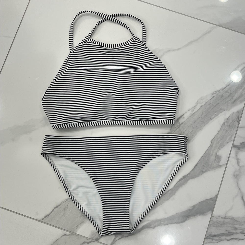 Aerie Padded Halter Bikini Matching White With Black Stripes Bikini Set